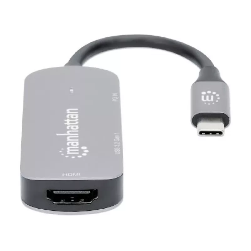 Manhattan USB-C dokstacija/sadalītājs, porti (x3): HDMI, USB-A un USB-C, ar strāvas padevi (PD) 100 W — nepieciešams ārējs USB-C lādētājs (nav iekļauts). USB barošana (nav nepieciešams ārējs barošanas avots), kad PD netiek izmantota, alumīnijs