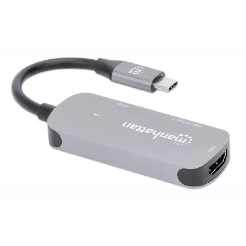 Manhattan USB-C dokstacija/sadalītājs, porti (x3): HDMI, USB-A un USB-C, ar strāvas padevi (PD) 100 W — nepieciešams ārējs USB-C lādētājs (nav iekļauts). USB barošana (nav nepieciešams ārējs barošanas avots), kad PD netiek izmantota, alumīnijs