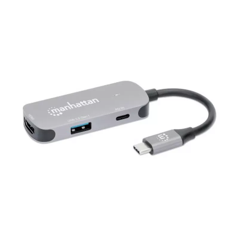 Manhattan USB-C dokstacija/sadalītājs, porti (x3): HDMI, USB-A un USB-C, ar strāvas padevi (PD) 100 W — nepieciešams ārējs USB-C lādētājs (nav iekļauts). USB barošana (nav nepieciešams ārējs barošanas avots), kad PD netiek izmantota, alumīnijs