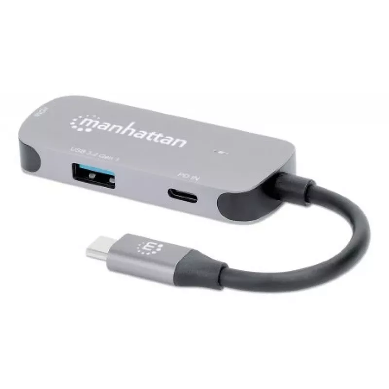Manhattan USB-C dokstacija/sadalītājs, porti (x3): HDMI, USB-A un USB-C, ar strāvas padevi (PD) 100 W — nepieciešams ārējs USB-C lādētājs (nav iekļauts). USB barošana (nav nepieciešams ārējs barošanas avots), kad PD netiek izmantota, alumīnijs