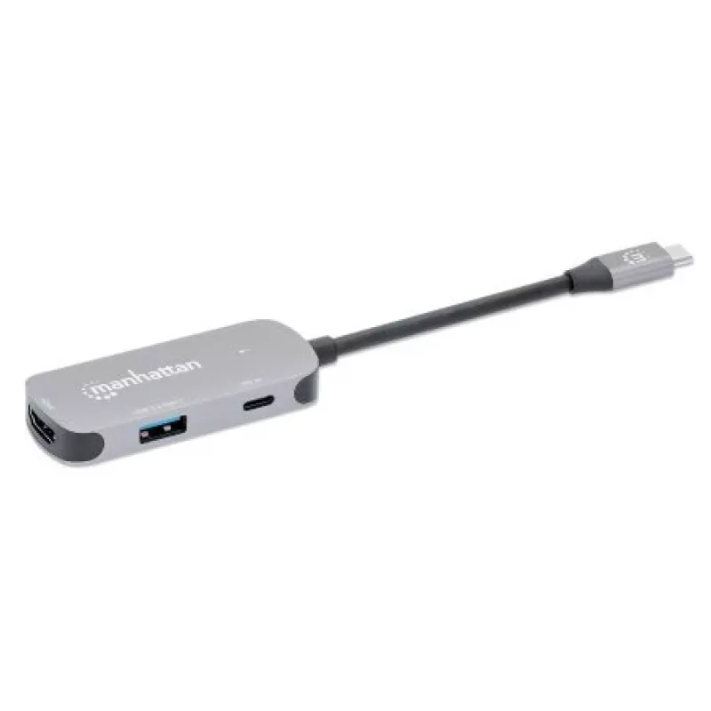 Manhattan USB-C dokstacija/sadalītājs, porti (x3): HDMI, USB-A un USB-C, ar strāvas padevi (PD) 100 W — nepieciešams ārējs USB-C lādētājs (nav iekļauts). USB barošana (nav nepieciešams ārējs barošanas avots), kad PD netiek izmantota, alumīnijs