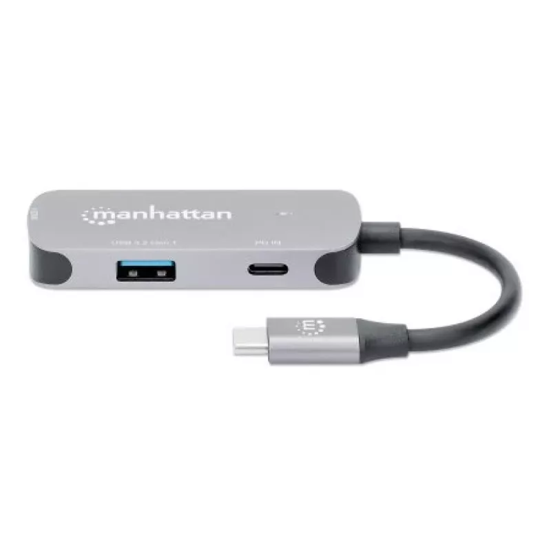 Manhattan USB-C dokstacija/sadalītājs, porti (x3): HDMI, USB-A un USB-C, ar strāvas padevi (PD) 100 W — nepieciešams ārējs USB-C lādētājs (nav iekļauts). USB barošana (nav nepieciešams ārējs barošanas avots), kad PD netiek izmantota, alumīnijs