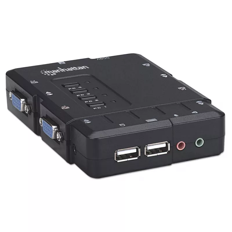 Manhattan KVM Switch Compact 4-Port, 4x USB-A, Cables included, Audio Support, Control 4x computers from one pc/pele/screen, Melns, Lifetime Warranty, Boxed