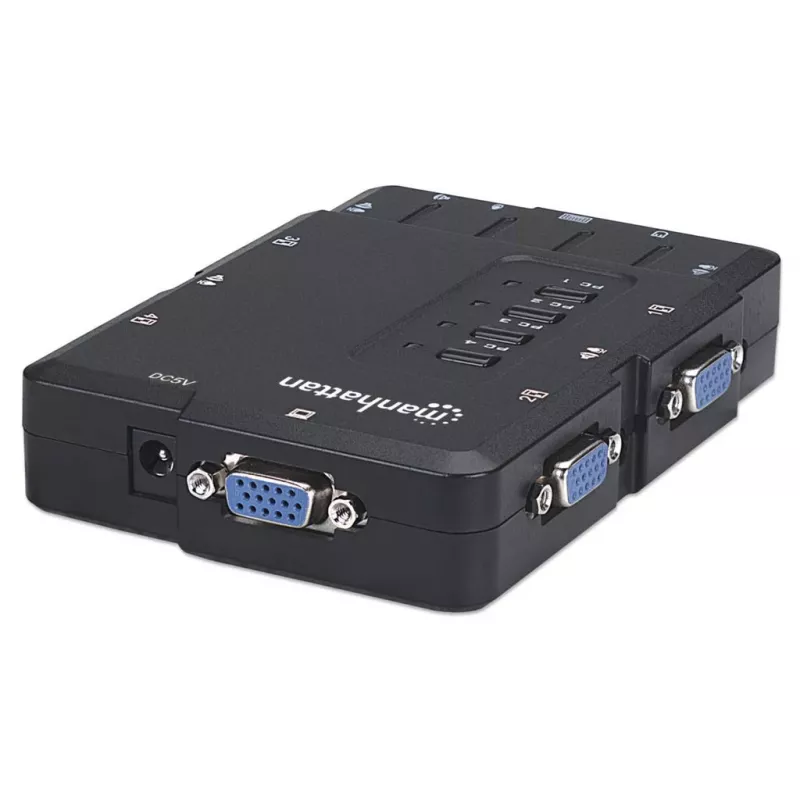 Manhattan KVM Switch Compact 4-Port, 4x USB-A, Cables included, Audio Support, Control 4x computers from one pc/pele/screen, Melns, Lifetime Warranty, Boxed