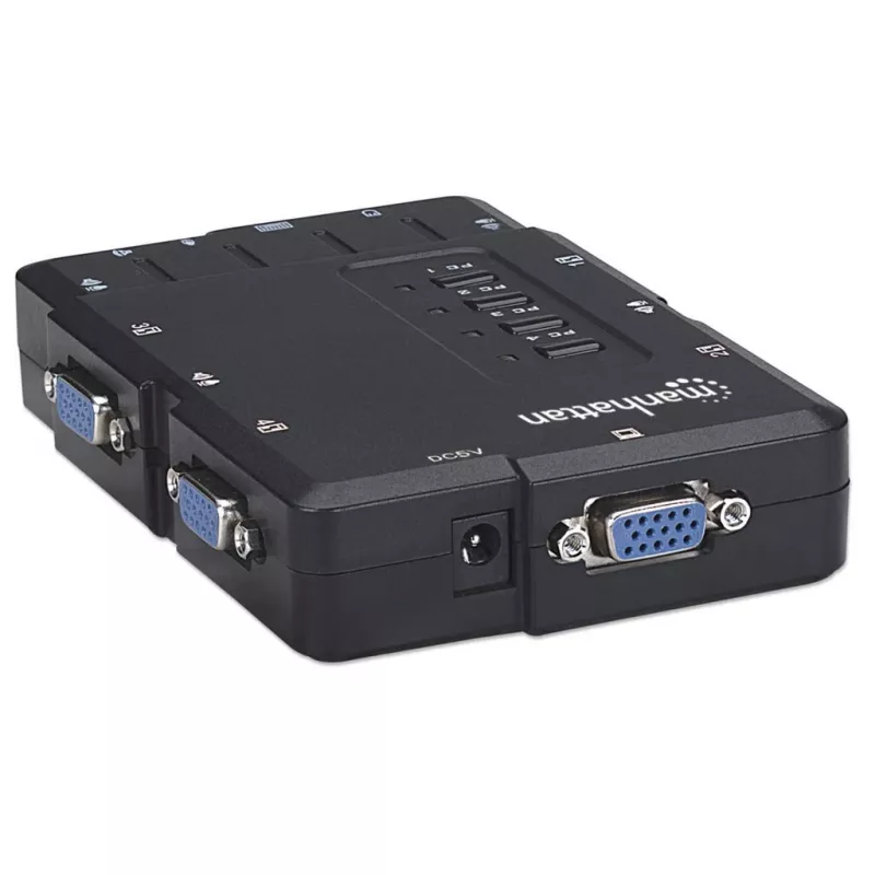Manhattan KVM Switch Compact 4-Port, 4x USB-A, Cables included, Audio Support, Control 4x computers from one pc/pele/screen, Melns, Lifetime Warranty, Boxed