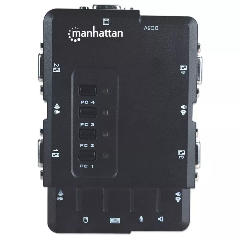 Manhattan KVM Switch Compact 4-Port, 4x USB-A, Cables included, Audio Support, Control 4x computers from one pc/pele/screen, Melns, Lifetime Warranty, Boxed