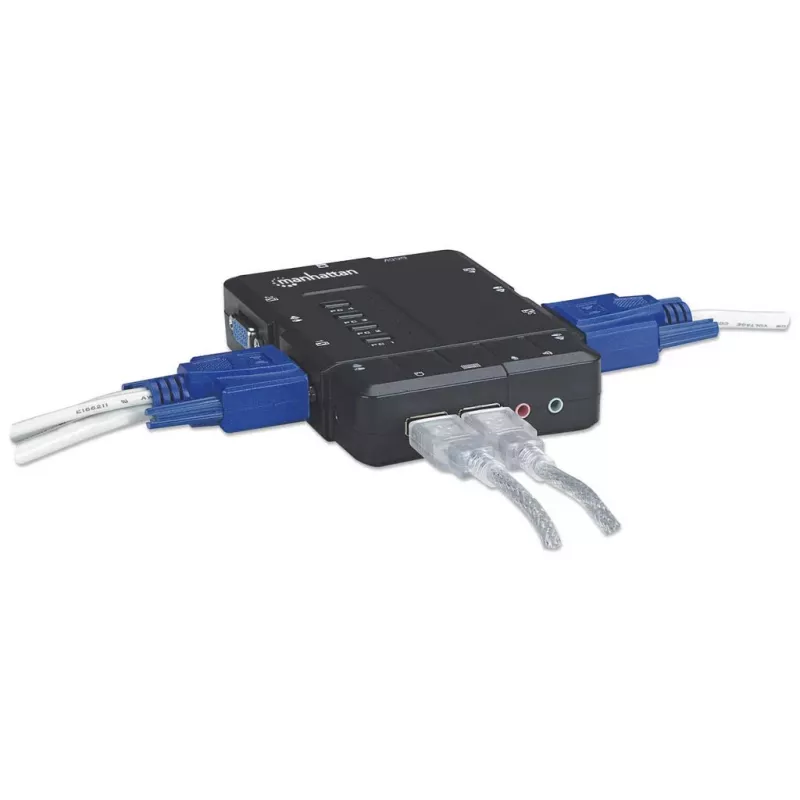 Manhattan KVM Switch Compact 4-Port, 4x USB-A, Cables included, Audio Support, Control 4x computers from one pc/pele/screen, Melns, Lifetime Warranty, Boxed