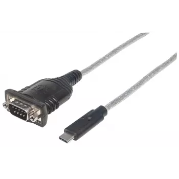 Manhattan USB-C uz Serial pārveidotājs, vīrišķais–vīrišķais, USB-C uz Serial/RS232/COM/DB9 pieslēgvietu, Prolific PL-2303RA mikroshēma, kabelis 45 cm, sudrabains/melns, polietilēna maisiņš