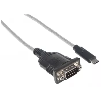 Manhattan USB-C uz Serial pārveidotājs, vīrišķais–vīrišķais, USB-C uz Serial/RS232/COM/DB9 pieslēgvietu, Prolific PL-2303RA mikroshēma, kabelis 45 cm, sudrabains/melns, polietilēna maisiņš