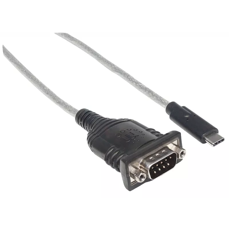 Manhattan USB-C uz Serial pārveidotājs, vīrišķais–vīrišķais, USB-C uz Serial/RS232/COM/DB9 pieslēgvietu, Prolific PL-2303RA mikroshēma, kabelis 45 cm, sudrabains/melns, polietilēna maisiņš