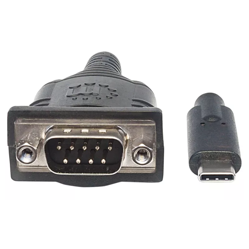 Manhattan USB-C uz Serial pārveidotājs, vīrišķais–vīrišķais, USB-C uz Serial/RS232/COM/DB9 pieslēgvietu, Prolific PL-2303RA mikroshēma, kabelis 45 cm, sudrabains/melns, polietilēna maisiņš