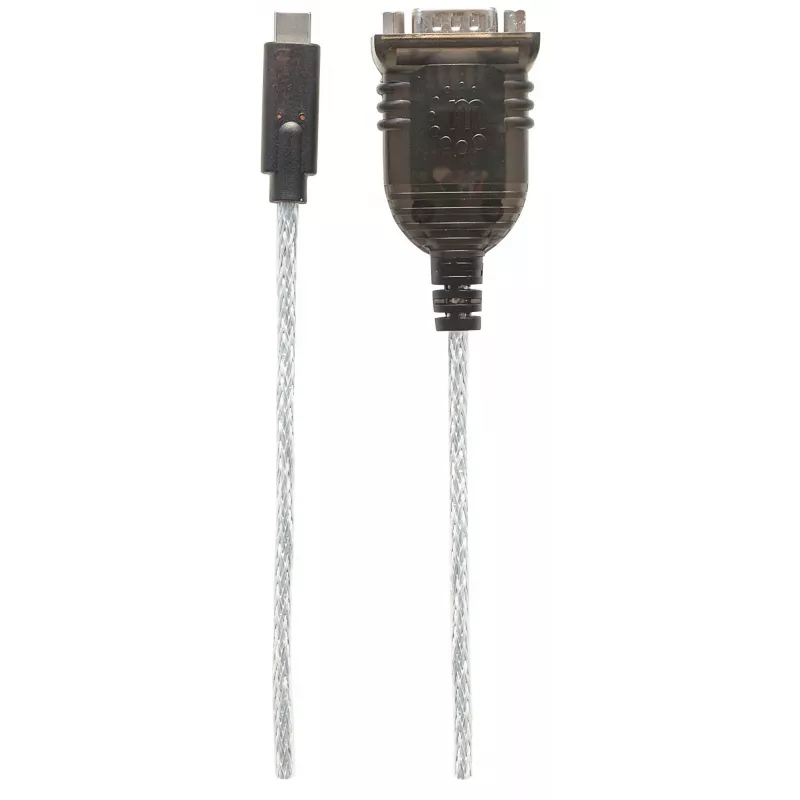 Manhattan USB-C uz Serial pārveidotājs, vīrišķais–vīrišķais, USB-C uz Serial/RS232/COM/DB9 pieslēgvietu, Prolific PL-2303RA mikroshēma, kabelis 45 cm, sudrabains/melns, polietilēna maisiņš