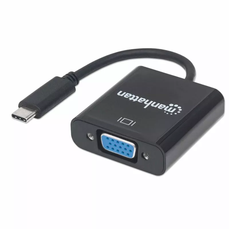Manhattan USB-C uz VGA pārveidotāja kabelis, 1080p@60Hz, melns, 8cm, vīrišķais uz sievišķo, mūža garantija, līdzvērtīgs CDP2HD