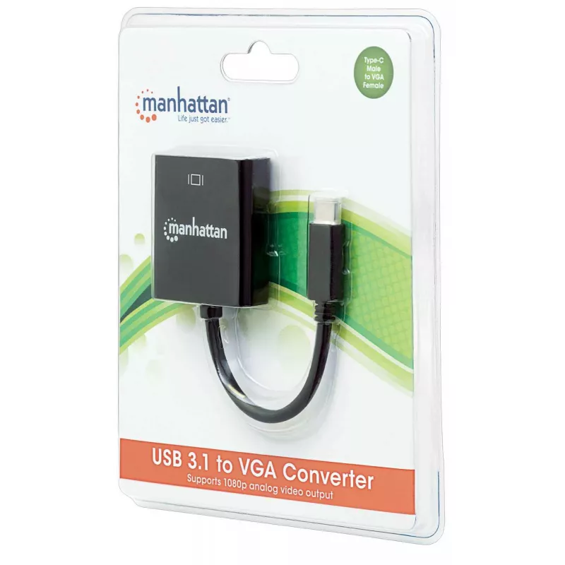 Manhattan USB-C uz VGA pārveidotāja kabelis, 1080p@60Hz, melns, 8cm, vīrišķais uz sievišķo, mūža garantija, līdzvērtīgs CDP2HD