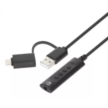 Manhattan USB-C & USB-A uz 3,5 mm stereo audio aux adaptera kabelis, 2-in-1, vīrišķais uz sievišķo, kabelis 1 m, atbalsta austiņu mikrofona un audio funkcijas, CTIA standarts, skaļuma un skaņas izslēgšanas vadība, melns