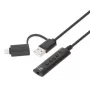 Manhattan USB-C & USB-A uz 3,5 mm stereo audio aux adaptera kabelis, 2-in-1, vīrišķais uz sievišķo, kabelis 1 m, atbalsta austiņu mikrofona un audio funkcijas, CTIA standarts, skaļuma un skaņas izslēgšanas vadība, melns