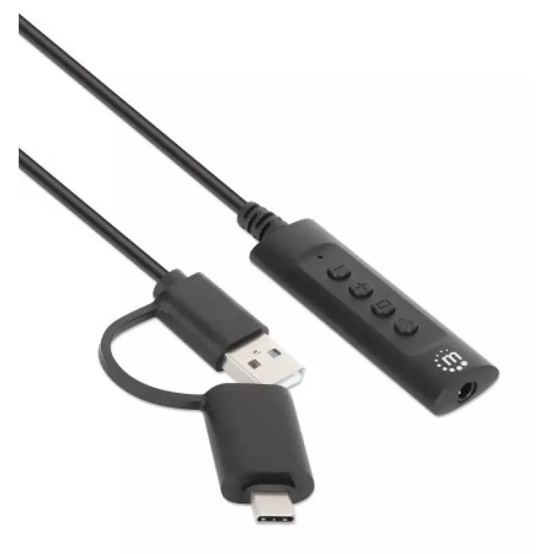 Manhattan USB-C & USB-A uz 3,5 mm stereo audio aux adaptera kabelis, 2-in-1, vīrišķais uz sievišķo, kabelis 1 m, atbalsta austiņu mikrofona un audio funkcijas, CTIA standarts, skaļuma un skaņas izslēgšanas vadība, melns