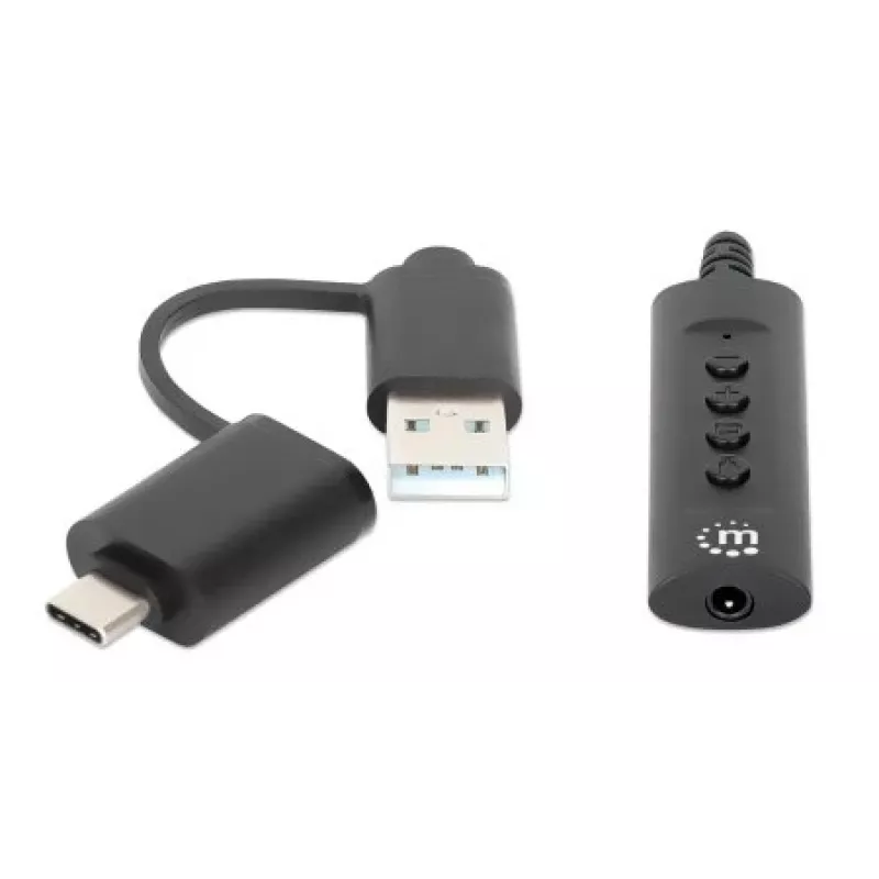 Manhattan USB-C & USB-A uz 3,5 mm stereo audio aux adaptera kabelis, 2-in-1, vīrišķais uz sievišķo, kabelis 1 m, atbalsta austiņu mikrofona un audio funkcijas, CTIA standarts, skaļuma un skaņas izslēgšanas vadība, melns