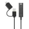 Manhattan USB-C & USB-A uz 3,5 mm stereo audio aux adaptera kabelis, 2-in-1, vīrišķais uz sievišķo, kabelis 1 m, atbalsta austiņu mikrofona un audio funkcijas, CTIA standarts, skaļuma un skaņas izslēgšanas vadība, melns