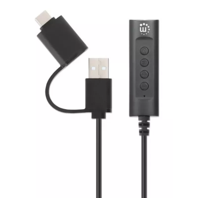Manhattan USB-C & USB-A uz 3,5 mm stereo audio aux adaptera kabelis, 2-in-1, vīrišķais uz sievišķo, kabelis 1 m, atbalsta austiņu mikrofona un audio funkcijas, CTIA standarts, skaļuma un skaņas izslēgšanas vadība, melns