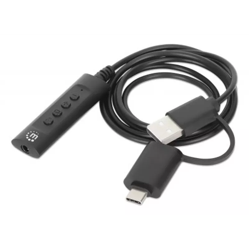 Manhattan USB-C & USB-A uz 3,5 mm stereo audio aux adaptera kabelis, 2-in-1, vīrišķais uz sievišķo, kabelis 1 m, atbalsta austiņu mikrofona un audio funkcijas, CTIA standarts, skaļuma un skaņas izslēgšanas vadība, melns