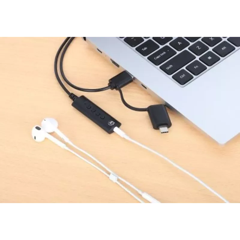 Manhattan USB-C & USB-A uz 3,5 mm stereo audio aux adaptera kabelis, 2-in-1, vīrišķais uz sievišķo, kabelis 1 m, atbalsta austiņu mikrofona un audio funkcijas, CTIA standarts, skaļuma un skaņas izslēgšanas vadība, melns