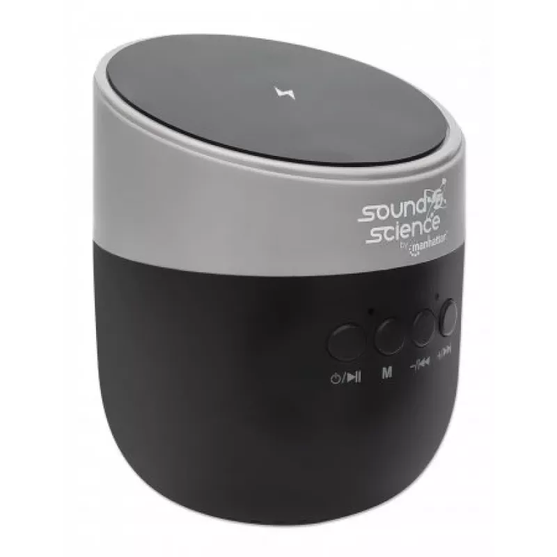 Manhattan metālisks Bluetooth skaļrunis ar bezvadu uzlādes paliktni, pienācīga skaņas jauda (3 W), 3 stundu atskaņošanas laiks, bezvadu paliktnis 5 W, integrētas vadības ierīces, diapazons 10 m, microSD karšu lasītājs, komplektā USB-A uzlādes kabelis, Bluetooth 5.0, 3 gadu garantija