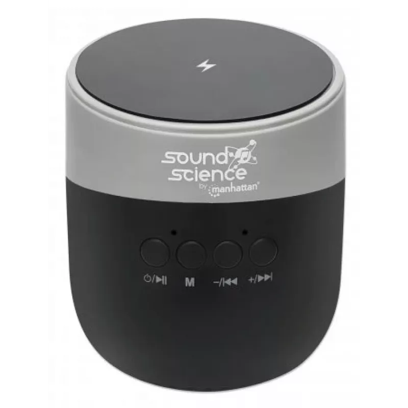 Manhattan metālisks Bluetooth skaļrunis ar bezvadu uzlādes paliktni, pienācīga skaņas jauda (3 W), 3 stundu atskaņošanas laiks, bezvadu paliktnis 5 W, integrētas vadības ierīces, diapazons 10 m, microSD karšu lasītājs, komplektā USB-A uzlādes kabelis, Bluetooth 5.0, 3 gadu garantija