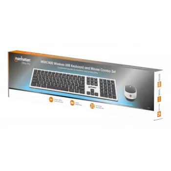Manhattan One Single USB-A Nano Receiver for Both, Full-Size Wireless tastatūra, Ambidextrous Optical pele ar Three Buttons and Scroll Wheel, 1200 dpi, Silver/Melns