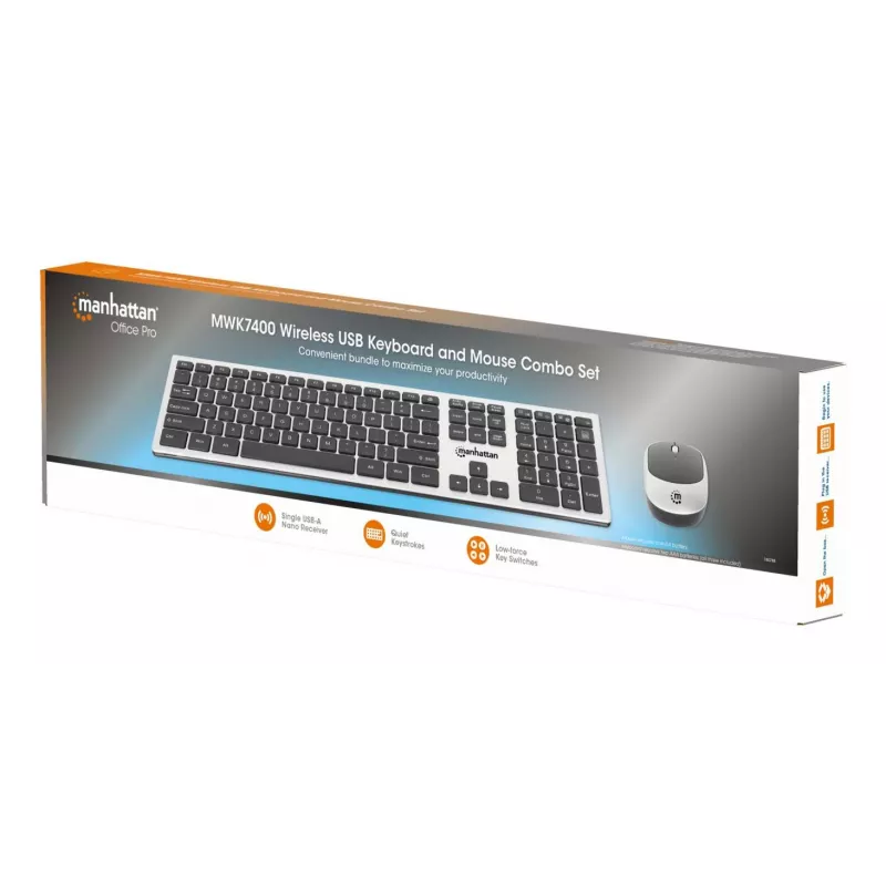 Manhattan One Single USB-A Nano Receiver for Both, Full-Size Wireless tastatūra, Ambidextrous Optical pele ar Three Buttons and Scroll Wheel, 1200 dpi, Silver/Melns