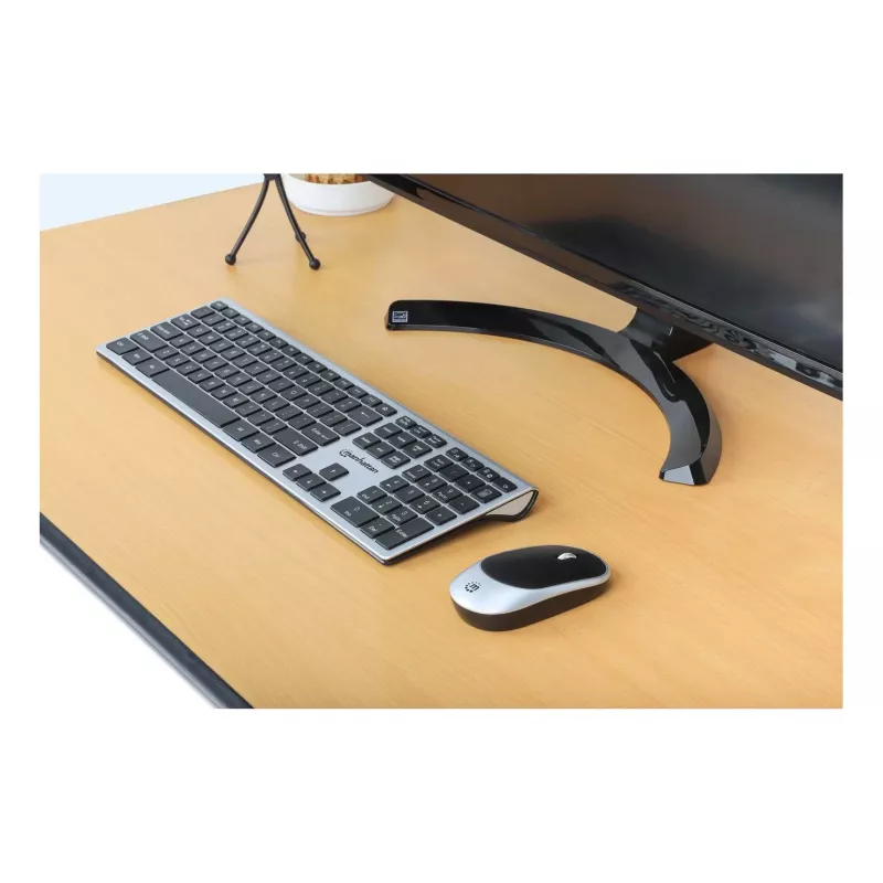 Manhattan One Single USB-A Nano Receiver for Both, Full-Size Wireless tastatūra, Ambidextrous Optical pele ar Three Buttons and Scroll Wheel, 1200 dpi, Silver/Melns