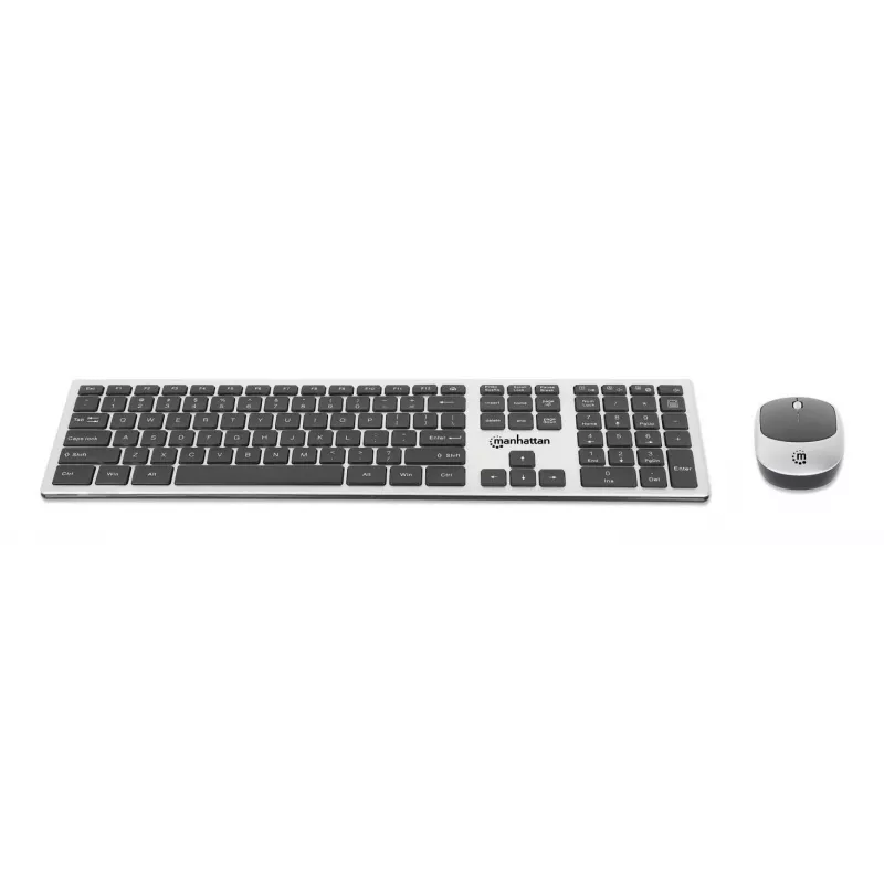 Manhattan One Single USB-A Nano Receiver for Both, Full-Size Wireless tastatūra, Ambidextrous Optical pele ar Three Buttons and Scroll Wheel, 1200 dpi, Silver/Melns