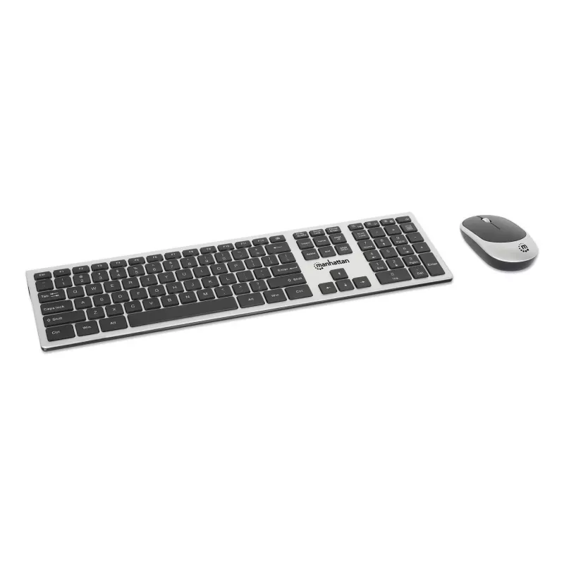 Manhattan One Single USB-A Nano Receiver for Both, Full-Size Wireless tastatūra, Ambidextrous Optical pele ar Three Buttons and Scroll Wheel, 1200 dpi, Silver/Melns