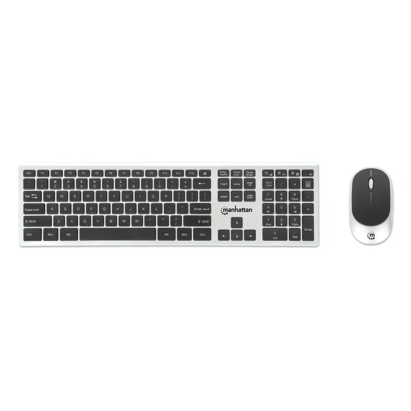 Manhattan One Single USB-A Nano Receiver for Both, Full-Size Wireless tastatūra, Ambidextrous Optical pele ar Three Buttons and Scroll Wheel, 1200 dpi, Silver/Melns