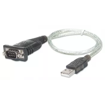 Manhattan USB-A uz seriālā pārveidotāja kabelis, 45 cm, vīriešu – vīriešu, Serial/RS232/COM/DB9, Prolific PL-2303RA mikroshēma, melns/sudrabains kabelis, trīs gadu garantija, līdzvērtīgs ICUSB232V2
