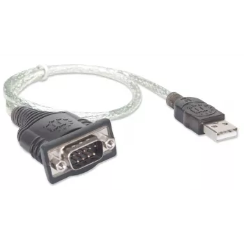 Manhattan USB-A uz seriālā pārveidotāja kabelis, 45 cm, vīriešu – vīriešu, Serial/RS232/COM/DB9, Prolific PL-2303RA mikroshēma, melns/sudrabains kabelis, trīs gadu garantija, līdzvērtīgs ICUSB232V2