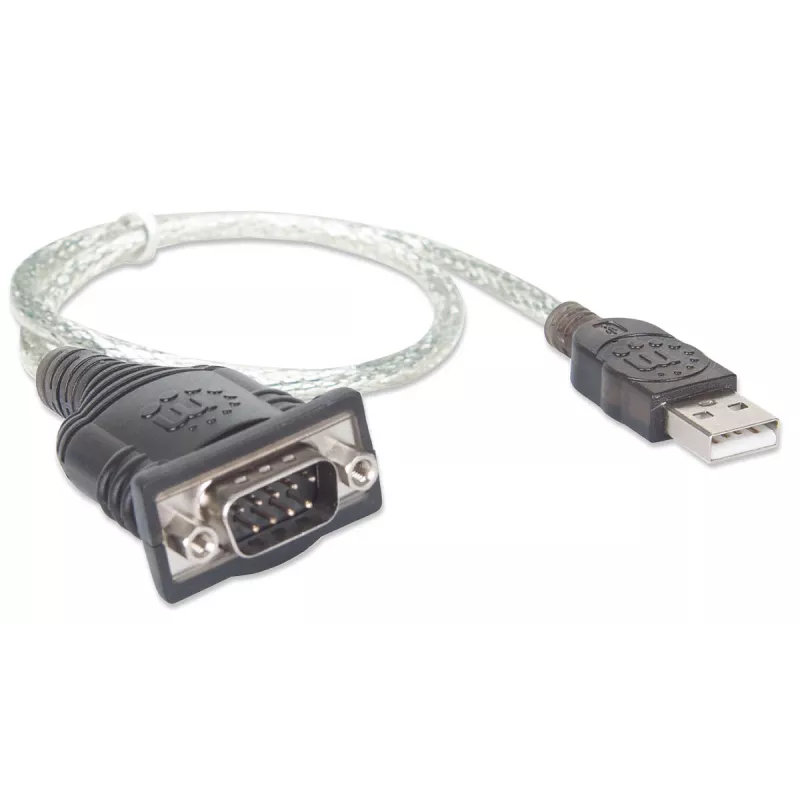 Manhattan USB-A uz seriālā pārveidotāja kabelis, 45 cm, vīriešu – vīriešu, Serial/RS232/COM/DB9, Prolific PL-2303RA mikroshēma, melns/sudrabains kabelis, trīs gadu garantija, līdzvērtīgs ICUSB232V2