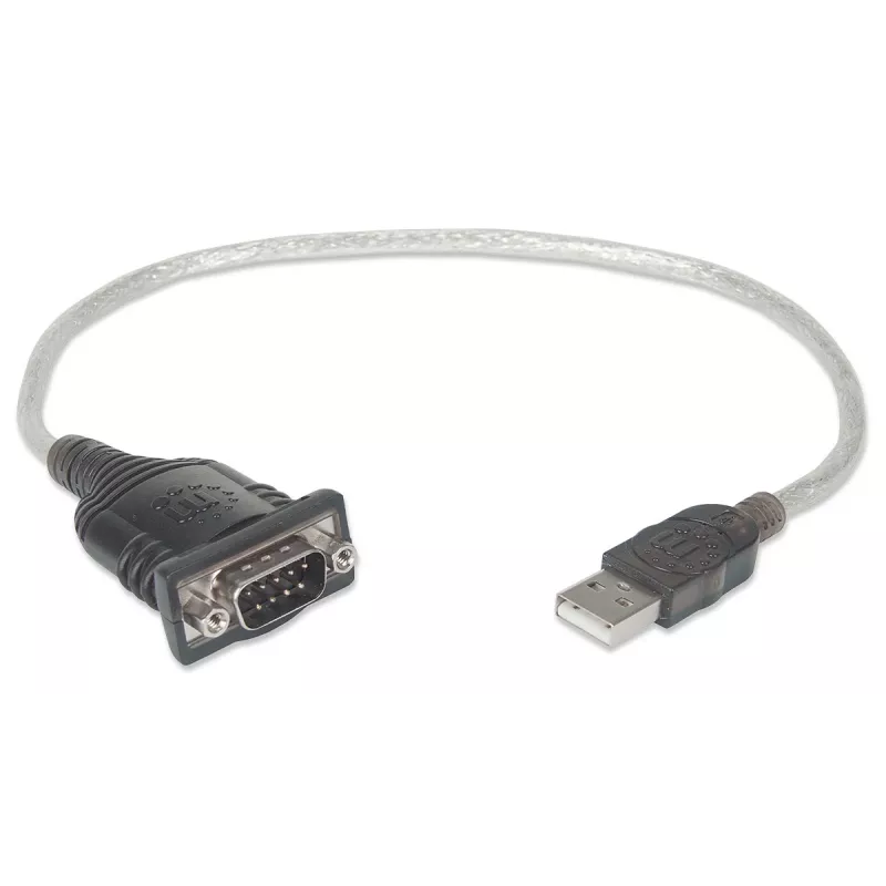 Manhattan USB-A uz seriālā pārveidotāja kabelis, 45 cm, vīriešu – vīriešu, Serial/RS232/COM/DB9, Prolific PL-2303RA mikroshēma, melns/sudrabains kabelis, trīs gadu garantija, līdzvērtīgs ICUSB232V2