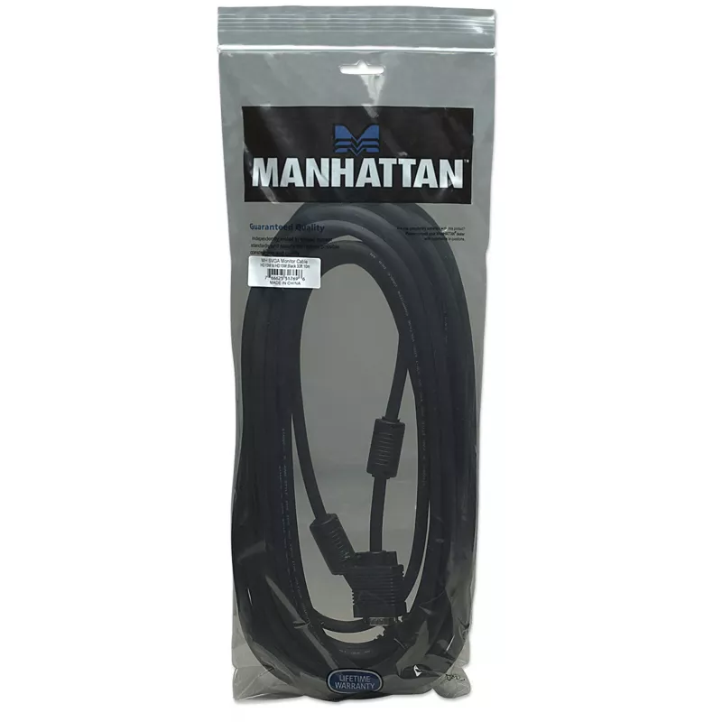 Manhattan VGA monitora kabelis (ar ferīta serdeņiem), 10 m, melns, vīr.-vīr., HD15, kabelis ar augstāku SVGA specifikāciju (pilnībā saderīgs), ekranējums ar ferīta serdeņiem palīdz samazināt EMI traucējumus, uzlabojot video pārraidi, mūža garantija