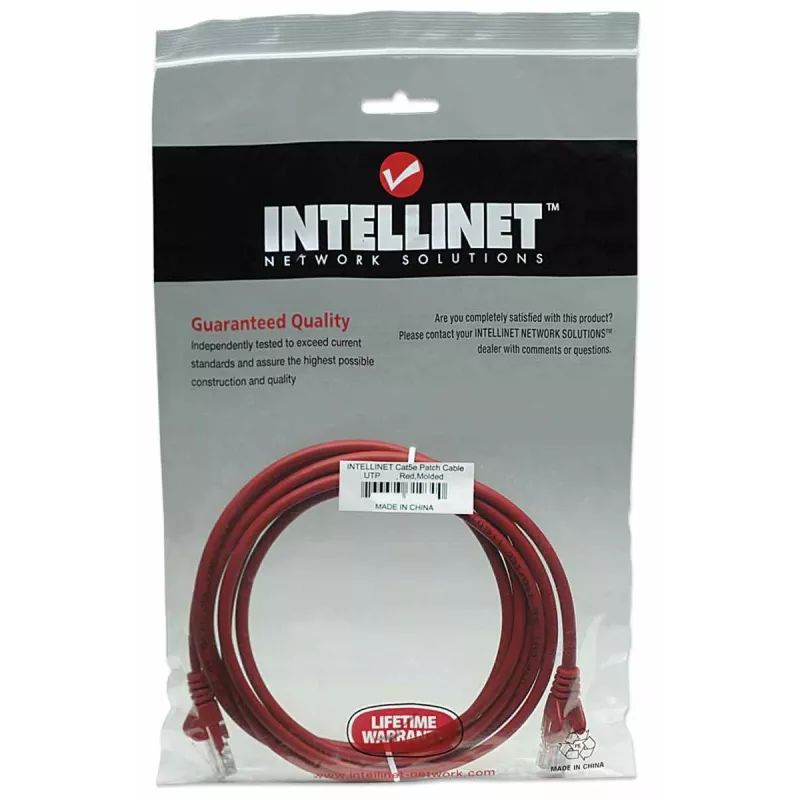 Intellinet tīkla komutācijas kabelis, Cat5e, 5 m, sarkans, CCA, U/UTP, PVC, RJ45, zeltīti kontakti, bez aizķeršanās, ar aizsarguzmavu, mūža garantija