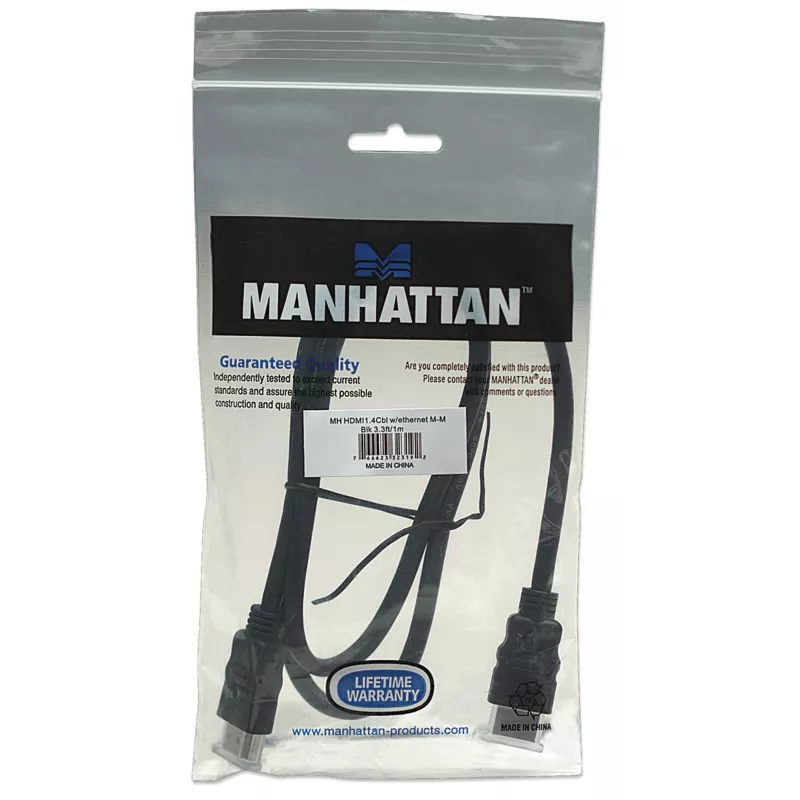 Manhattan HDMI 4K@30Hz kabelis ar Ethernet, 1 m, piemērots VISIEM 1080p/HD un lielākajai daļai 4K lietojumu (pārliecinieties par savas sistēmas 4K specifikāciju), vīrišķais – vīrišķais, melns, Ultra HD 4k x 2k, mūža garantija, ātrdarbīgs, ekvivalents HDMM1MHS