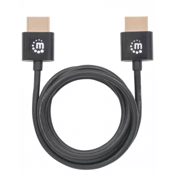 Manhattan HDMI kabelis ar Ethernet (īpaši plāns), 4K@60Hz (Premium High Speed), 1 m (3 pēdas), vīriešu-vīriešu, melns, Ultra HD 4k x 2k, pilnībā ekranēts, zeltīti kontakti, mūža garantija