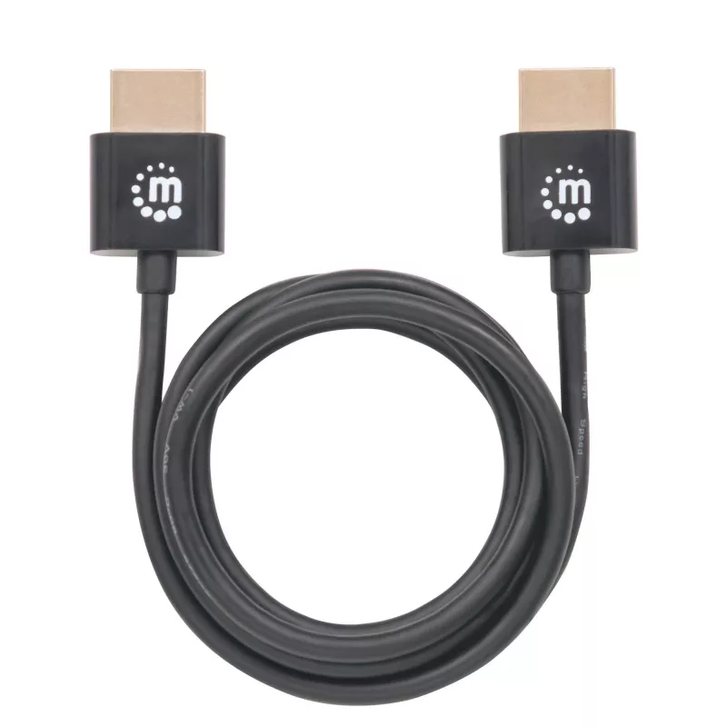 Manhattan HDMI kabelis ar Ethernet (īpaši plāns), 4K@60Hz (Premium High Speed), 1 m (3 pēdas), vīriešu-vīriešu, melns, Ultra HD 4k x 2k, pilnībā ekranēts, zeltīti kontakti, mūža garantija