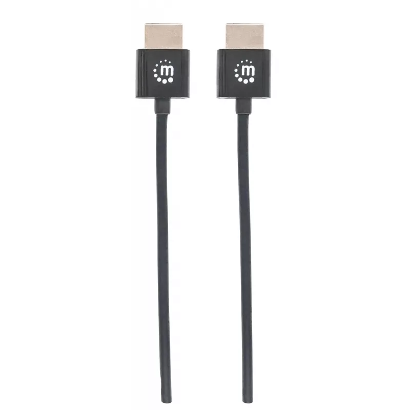 Manhattan HDMI kabelis ar Ethernet (īpaši plāns), 4K@60Hz (Premium High Speed), 1 m (3 pēdas), vīriešu-vīriešu, melns, Ultra HD 4k x 2k, pilnībā ekranēts, zeltīti kontakti, mūža garantija