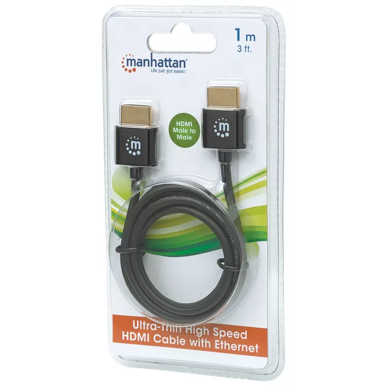 Manhattan HDMI kabelis ar Ethernet (īpaši plāns), 4K@60Hz (Premium High Speed), 1 m (3 pēdas), vīriešu-vīriešu, melns, Ultra HD 4k x 2k, pilnībā ekranēts, zeltīti kontakti, mūža garantija