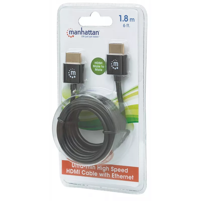Manhattan HDMI kabelis ar Ethernet (īpaši plāns), 4K@60Hz (Premium High Speed), 1,8 m, vīrietis–vīrietis, melns, Ultra HD 4k x 2k, pilnībā ekranēts, zeltīti kontakti, mūža garantija