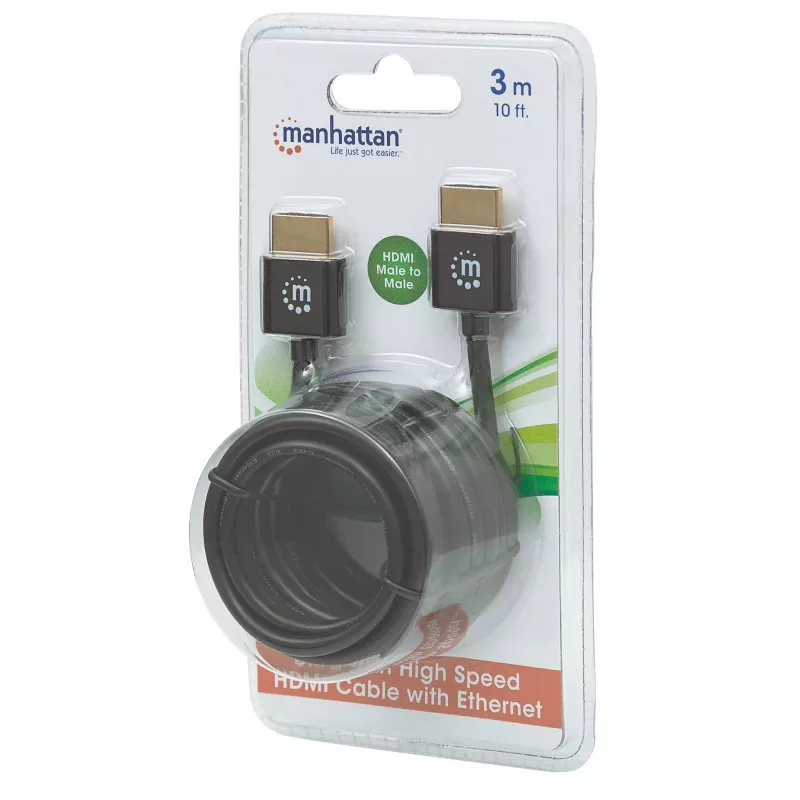 Manhattan HDMI kabelis ar Ethernet (īpaši plāns), 4K@60Hz (augstākās klases ātrdarbīgs), 3 m, vīrišķais–vīrišķais, melns, Ultra HD 4k x 2k, pilnībā ekranēts, zelta pārklājuma kontakti, mūža garantija