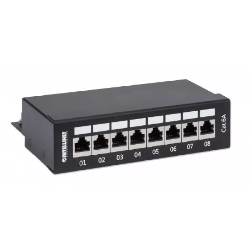 Intellinet ielāpu panelis, Cat6a, FTP, 8 portu, darbvirsmas, ekranēts, 90° augšējās ievades perforēšanas bloki, melns