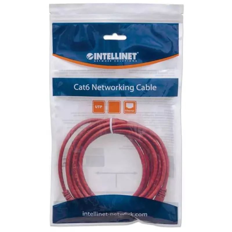 Intellinet tīkla komutācijas kabelis, Cat6, 0,5 m, sarkans, CCA, U/UTP, PVC, RJ45, zeltīti kontakti, neaizķerams, ar apvalku, mūža garantija