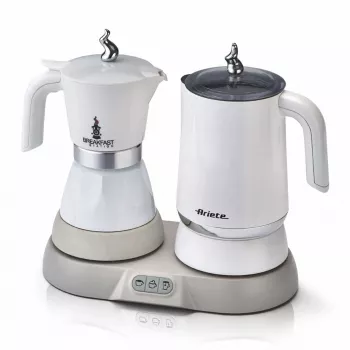 Ariete 1344 Brokastu stacija, 3 produkti vienā: mokas katliņš, tējkanna, karstā un aukstā piena putotājs, 500 W, 2/4 krūzes, saglabā kafiju karstu, 5 funkcijas, balta